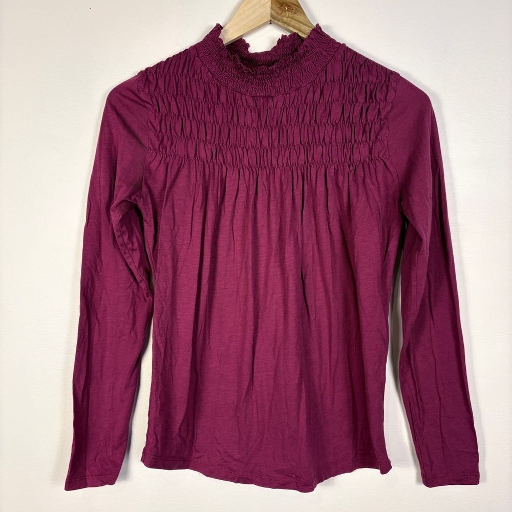 Sundance Smocked Gabrielle Long Sleeve Top Mock Neck Burgundy Red